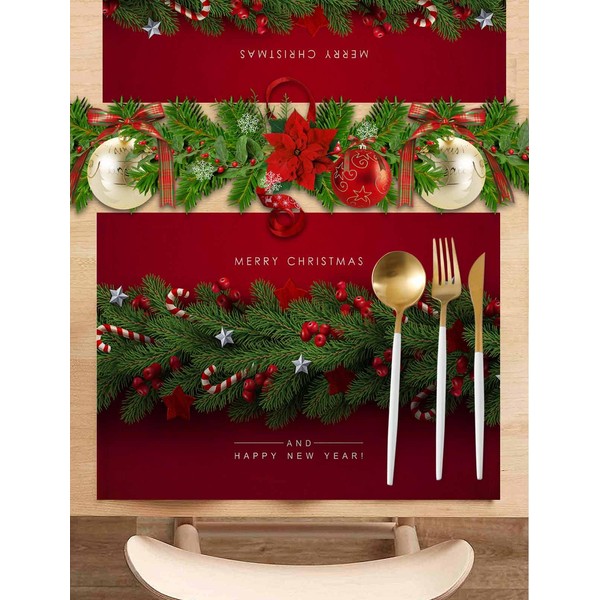 Merry Christmas Placemats Set of 6, Christmas Trees Non-Slip/Wipe Clean