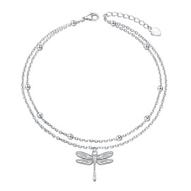DAOCHONG Dragonfly Butterfly Anklet S925 Sterling Silver Layered Cute Animals Foot Beads Adjustable Anklet for Women Jewelry, Sterling Silver