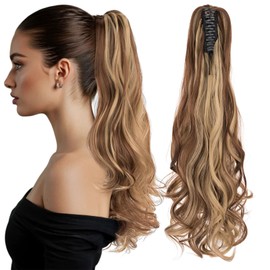 TESS Claw On Ponytail Extension Matte Material 18 Inch/45cm Curly Wavy Clip In Pony tail Synthetic Hairpiece, Dark brown With Blonde