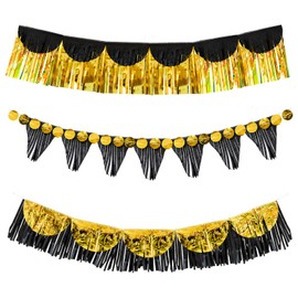 Black and Gold Party Decorations – 6PCS 6ft Metallic Fringe and Tassel Banner Set for Birthday, Graduation, Wedding, Bachelorette, New Year’s Eve & Elegant Room Backdrops