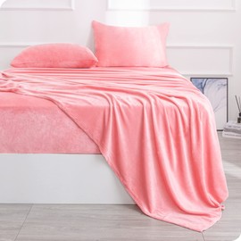 Micro Fleece Bed Sheet Set Twin Size,Velvet Plush Sheets and Pillowcase Set with Extra Deep Pockets, Extra Soft, No Pilling and Cozy Warmth for All Season (Twin,Pink Color,3 Piece)