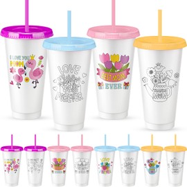 Skylety 12 Pack Mother's Day DIY Plastic Coloring Cup for Kids 24 oz Mother's Day Paint Your Own Cups Bulk Reusable Tumblers Holiday Mom DIY Thankful Gift for School Classroom Home Fun Activities
