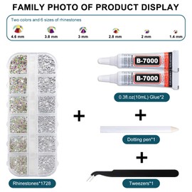 Rhinestones for Crafts, Clear Flatback Nail Gems, Kaluofan 1728 PCS Rhinestones with B7000 Glue Tweezers and Picking Pen, Silver and Iridescent 2 Style, for Crafts Nail Earring Phone Cases Clothes