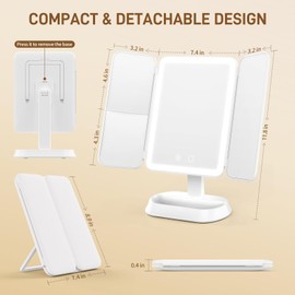 Makeup Mirror with Lights, 1X/3X/5X Magnification Vanity Mirror, 3 Colors Dimmable Soft Light 360° Rotation Smart Touch | Rechargeable Portable Trifold Mirror for Travel/Dorm/Room, Gift for Women