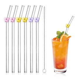 deegbbyi Pack of 6 Glass Straws, Reusable Transparent Drinking Straws, Glass Straw with Butterfly, with 1 Cleaning Brush, for Bubble Tea, Cocktail, Juices, Slush