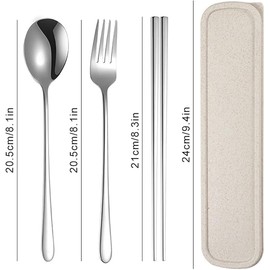 3 Set Portable Cutlery Set with Case Include Fork Spoon Chopsticks, Portable Travel Utensil Set, Reusable Stainless Steel Camping Utensils Set, Lunch Cutlery Set for Work School (Silver)