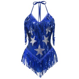 ABAFIP Women's Sequin Fringe Dance Bodysuit Halter V-Neck Sparkly Tassel Leotard Rave Festival Outfit, Royal Blue, Small
