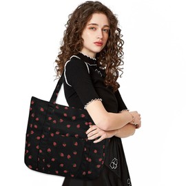 YAMEIZE Strawberry Corduroy Tote Bag for Women Girls Cute Handbags Large Shoulder Bags with Zipper and Pockets for College Work Travel Shopping