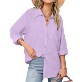Zeagoo Gauze Long Sleeve Shirts for Women Linen Button Down Tops Cute Camp Blouse Lilac Lavender