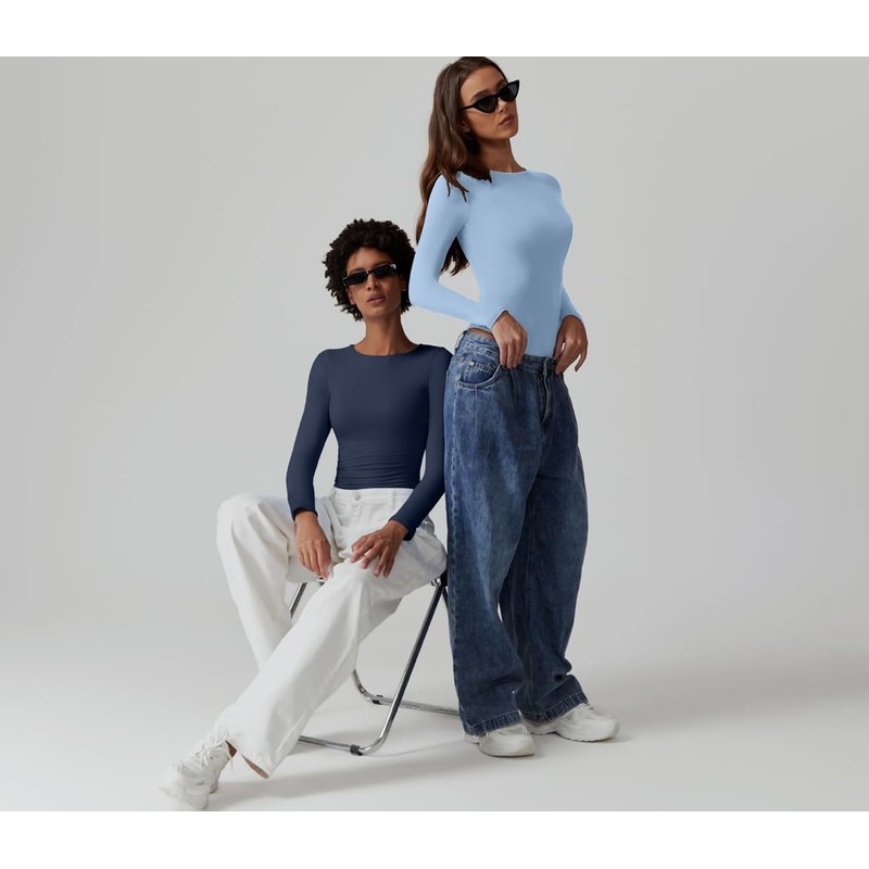 QINSEN Long Sleeve Body Suit for Women Round Neck Fall
