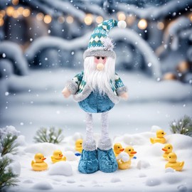 JIAHG Christmas Santa Snowman Reindeer Figure with Telescopic Legs, Blue Nordic Santa Claus Standing Ornaments Plush Figurines Xmas Décor for Mantel Table Shelf Window Office Decorations