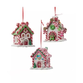 KSA (Kurt S. Adler Santa's World) KURT ADLER SET OF 3 CLAYDOUGH B/O LED GINGERBREAD CANDY HOUSE XMAS ORNAMENTS