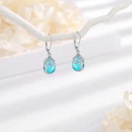 LOOVE Sterling Silver Tree of Life Earrings Dangle Turquoise Teardrop Earrings for Women Leverback Tree Drop Earrings Turquoise Jewelry