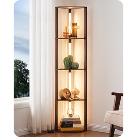 EDISHINE 64" Corner Shelf Floor Lamp for Living Room, Modern LED Corner Light with Shelves, 3CCT, Stepless Dimmable Tall Floor Light for Bedroom, Office, Dining Room, 3000K 4000K 5000K, Walnut Color