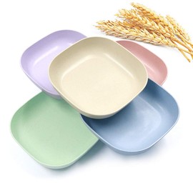 5Pcs 14.4cm Square Lightweight Wheat Straw Plates, Deep Dinner Dishes, Camping Dinnerware for Serving Pasta Fruit for Kids Toddlers and Adults (Multi)