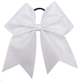 Kenz Laurenz Glitter Cheer Bows Cheerleading Softball Gifts, Team Bow with Ponytail Holder Complete your Cheerleader Outfit, Strong Hair Ties Bands Elastics for Girls and Women, White (Pack of 1)