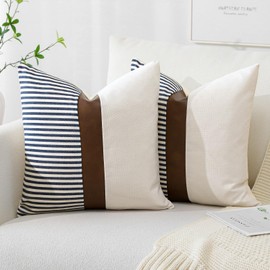 Artscope Farmhouse Decor Stripe Patchwork Linen Cushion Covers Cases Set of 2 Modern Boho Tan Faux Leather Accent Pillow Covers 60x60cm for Home Decor Sofa Bedroom Fall Decorations, Navy Blue