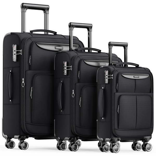 SHOWKOO Luggage Sets 3 Piece Softside Expandable Lightweight Durable Suitcase Sets Double Spinner Wheels TSA Lock Black (20in/24in/28in)