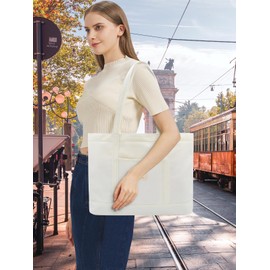 TeeYee Women's Large Tote Bag for Work Travel Nylon Laptop Tote Purse with Front Zipper Pocket Lightweight Shoulder Bag for Women Fits 15" Laptop Books Essentials beige