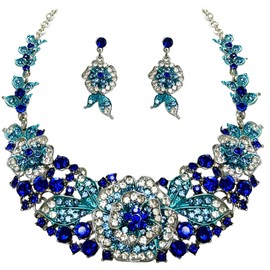 MMonesu Crystal Flower Bib Statement Necklace Set Chunky Blue Flower Statement Necklace & Earrings Drama Bib Collar Jewelry Set for Women Prom Party Jewelry