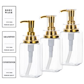 Yeeco Shampoo and Conditioner Dispenser, Clear 3 Pcs Refillable Shampoo and Conditioner Pump Bottles, Empty Shower Bottles with Pump, Labels for Home Bathroom Kitchen, 10oz/300ml,Golden