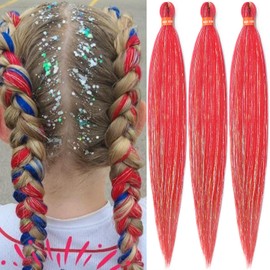 Sparkling Red Pre Stretched Braiding Hair 30 Inch Glitter Box Braid Hair Extensions Shinny 3 Packs Yaki Texture Pre Feathered Festival Braids Hair