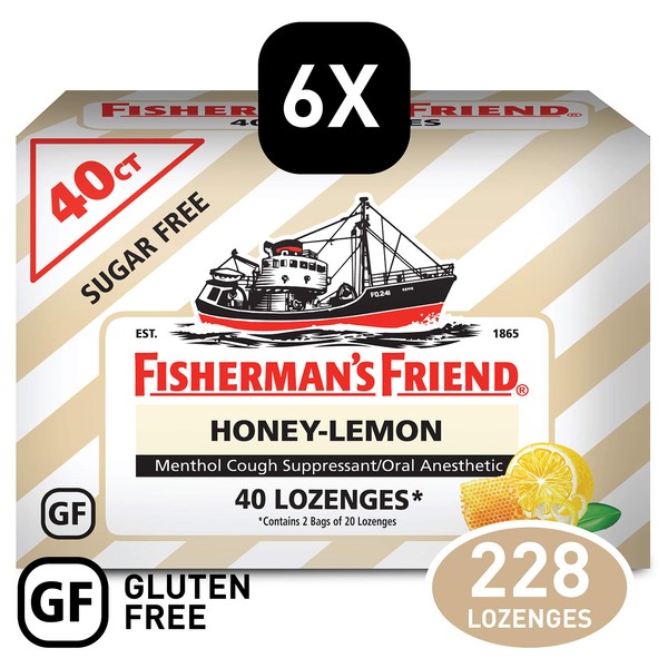 Fisherman's Friend Cough Drops, Sugar Free Honey-Lemon Cough Suppressant and Sore Throat Lozenges, 5.52mg Menthol, 240 Drops (6 Packs of 40)