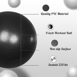 Pilates Ball 9 Inch Small Exercise Ball Mini Yoga Ball Workout Balls for Stability, Barre, Fitness, Bender, Core Training, Improves Balance (Black)