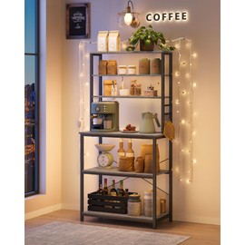 VASAGLE Coffee Bar, 31.5 Inches Baker's Rack for Kitchen with Storage, 6-Tier Kitchen Shelves with 6 Hooks, Microwave Stand, Industrial, Greige and Black UKKS019B02
