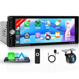 6.9'' Single Din Car Stereo with Wireless CarPlay Android Auto, 1280 * 480 HD Touchscreen Radio Bluetooth 5.2, Mirror Link, FM, SWC, Type C/USB Charging + Backup Camera+ Mic