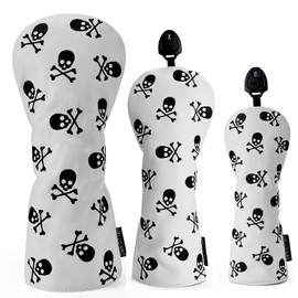 Gbourly 3PCS Skeleton Golf Club Skull and Crossbones Driver, Fairway Wood and Hybrid Head Covers Set PU Leather Headcovers for Women and Men (White)