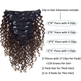 Caliee 14inch Curly Clip in Hair Extensions Real Human Hair 3 B 3C Natural Black Fading into Dark Brown Ombre Double Weft Real Remy Hair Extensions Curly Clip Ins with 7 Pieces 120G