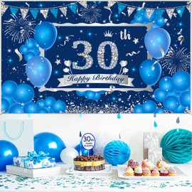 Blue 30th Birthday Decorations Banner for Men Women, Navy Blue Silver Happy 30th Birthday Banner Backdrop, Large Blue 30th Birthday Banner for 30th Birthday Anniversary Party Decorations Supplies