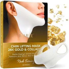 MAREE Mascarilla reafirmante con tira para la barbilla en forma de V - Mascarilla facial y de cuello con cinta de oro de 24 quilates - Doble tira para la barbilla para dormir - Parches reductores de