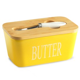 Hasense Porcelain Butter Dish with Lid, Ceramic Butter Dish with Lid Holds For Countertop, Butter Holder with Knife for East West Coast Butter, Airtight Covered Butter Container for Kitchen, Yellow