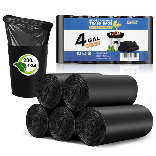 Small Trash Bags 3-5 Gallon, Inwaysin 200 Count Small Bathroom Trash Bags Black, Strong Small For Garbage, 4 Gallon Biodegradable, Unscented, Size Expanded for Kitchen
