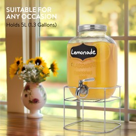 Navaris Drink Dispenser With Silver Metal Stand - 1.3 Gallon (5L) Glass Drink Container With Tap - Beverage Dispenser With Gummy Seal And Stand