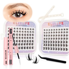 Elitefe Lash Extension Kit DIY 280Pcs Lash Clusters Kit Eyelash Extensions 10-16MM Individual Lashes Extensions with Lash Bond and Lash Tweezers (140Pcs, Plush Dress, 0.07D 8-18mm)