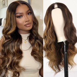 Oseti Blonde Highlights V Part Wig Body Wave V Part Wig for Black Women Long Brown Upgrade U-Part Wig Synthetic Glueless Wig 24inch No Leave Out Thin Part Wig Highlight Brown V Shape Wigs