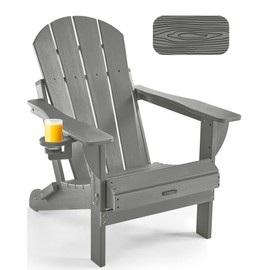 Ciokea Folding Adirondack Chair Wood Texture, Patio Chair Weather Resistant, Plastic Fire Pit Chair with Cup Holder, for Lawn Outdoor Porch Garden Backyard Deck (Grey)