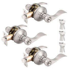 Probrico Keyed Alike Brushed Nickel Door Handle, Wave Style Entry Door Handles, Door Levers Lockset for Interior and Exterior Doors, 3 Pack