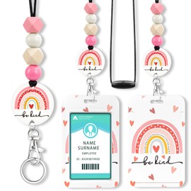 ID Badge Holder with Lanyard Teacher Cute Be Kind Rainbow Badge Holders with Wooden Beaded Adjustable Neck Lanyards Keychain for Women Kids Nurses Doctors Student