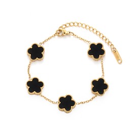 TICVSS Four Leaf Clover Bracelet for Women 18K Gold Plated Stainless Steel Lucky 4 Leaf Gold Link Bracelet Jewelry Gift for Women (Black)