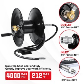 YAMATIC Pressure Washer Hose Reel 150 ft with Jumper Hose 3ft, Heavy Duty Steel Manual Crank Power Washer Hose Reel with Iron 90 Degree Elbow Adapter, 4000 PSI