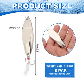 PATIKIL Fishing Spoons, 10 Pcs 1-1/8oz Fishing Lures Casting Spoon Treble Hooks Jigs Hard Metal Spinner Baits for Freshwater Saltwater Salmon, Silver Tone