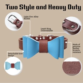puplrpet Elegant Genuine Leather Dog Collar with Detachable Blue Bow - Stylish and Comfortable - Perfect for Small to Medium Dogs - Dark Brown