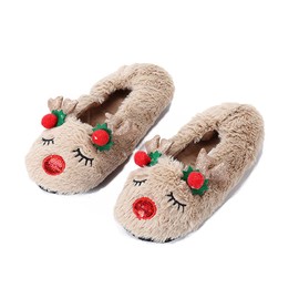 Women Cartoon Indoor Slippers Lovely Reindeer Christmas Shoes Soft Plush Warm Thermal Home Mules Non-Slip Bedroom Indoor Office House Slipper Slip-on Shoes Deer Christmas Birthday Gift for Girls