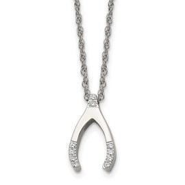 Solid Stainless Steel CZ Cubic Zirconia Wishbone Pendant Necklace Charm Chain - with Secure Lobster Lock Clasp 15.5"