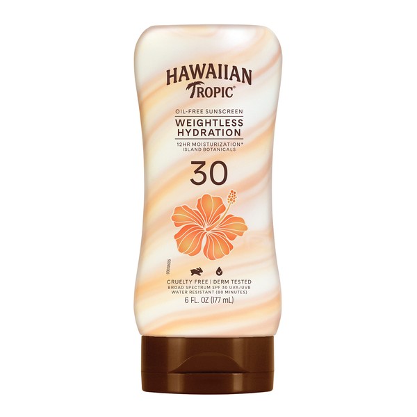Hawaiian Tropic Weightless Hydration Lotion Sunscreen SPF 30, 6oz | Oil Free Sunscreen, Hawaiian Tropic Sunscreen SPF 30, Oxybenzone Free Sunscreen, Body Sunscreen SPF 30, 6oz