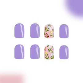 Short Press on Nails Square Fake Nails Purple Nails Press ons Glossy Glue on Nails Spring Summer Acrylic Nails Nude False Nails with Floral Designs Artificial Stick on Nails for Women 24Pcs